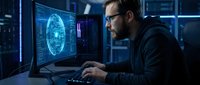 Young Caucasian male programmer with glasses working at computer in dark server room, analyzing glowing digital interface on monitor.