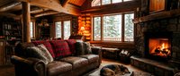 Cozy cabin living room with leather sofa, plaid pillows, fireplace, wooden beams, and mountain views through large windows for rustic interior design projects.