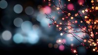 Glowing orange and pink lights on delicate tree branches against dark blurred bokeh background create magical festive atmosphere for holiday designs.