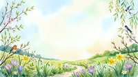 Watercolor spring landscape with blooming meadow, green hills and willow branches. Hand drawn nature scene with wildflowers and birds for greeting cards.