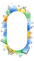 Watercolor school supplies frame with pencils, rulers, apple and geometric shapes on white background for educational design projects.