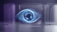Futuristic digital eye with blue iris surrounded by holographic interface panels and data visualization elements for technology concepts.