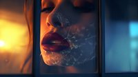Close up of sensual red lips exhaling smoke against window glass with dramatic orange and blue lighting creating mysterious atmospheric mood.