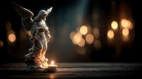 Angel statue with glowing candle creating warm bokeh lights in dark atmospheric setting for spiritual and religious themes.