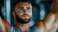 Young athletic Caucasian man with beard and blue eyes looking up thoughtfully during workout at gym, wearing gray tank top. Fitness and determination concept.