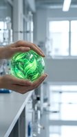 Hands protecting glowing green sphere with leaf patterns in modern laboratory representing environmental science and sustainable technology research.