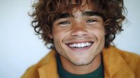 Young Hispanic man with curly brown hair wearing yellow jacket smiling genuinely at camera, showing white teeth against light background. Close up portrait expressing joy.
