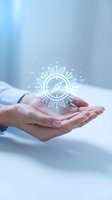 Hand holding glowing digital compass with circuit board pattern and light particles, representing navigation, technology, direction, and innovation in business solutions.