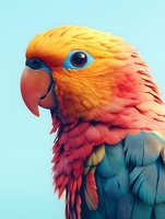 Close-up profile portrait of colorful sun conure parrot with vibrant orange head, blue eye ring, and turquoise feathers against light blue background.