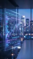 Futuristic holographic trading interface displaying real-time market analytics and volatility charts against blurred city skyline at night for fintech applications.
