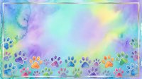 Colorful watercolor paw prints border frame with pastel gradient background in purple, blue, yellow and green tones. Isolated design element for pet-related projects, greeting cards and animal-themed artwork.