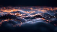 Abstract glowing particles forming dynamic wave pattern against dark background with orange and blue light effects creating magical atmospheric motion.