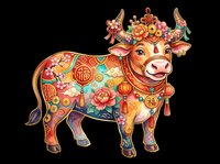 Festive decorated ox with colorful floral patterns, lucky coins, and tassels, isolated on transparent background, ready for stickers, sublimation, and print on demand.