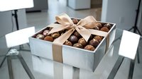 Luxury chocolate assortment in white gift box with beige ribbon bow, displayed on glass table in modern interior setting for premium gifting occasions.