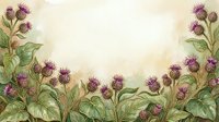 Watercolor thistle flowers border with purple blooms and green leaves on a soft beige background, leaving copy space for text or design.
