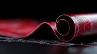Red rolled yoga mat on dark background with dramatic lighting and shallow depth of field, showing texture and curve details for fitness and wellness concepts.