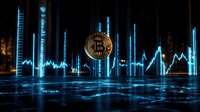 Golden bitcoin coin floating above digital trading charts with glowing blue data visualization bars and financial market graphs for cryptocurrency investment.
