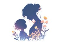 Silhouette of mother and daughter surrounded by delicate wildflowers in gradient blue and peach tones, expressing tender family connection and motherly love.