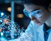 Asian female scientist wearing protective glasses examines glowing molecular structure visualization in dark laboratory environment with blue technological lighting.