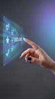 Woman's hand with dark nail polish touching holographic interface displaying excellence rating, checkmarks, and star icon for quality assurance and customer satisfaction concepts.