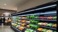 Modern grocery store produce section with fresh fruits and vegetables displayed in refrigerated cases with LED lighting for retail marketing.