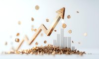 Golden arrow chart rising through white bars with scattered coins, symbolizing financial growth and investment success in business analytics.