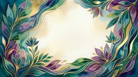 Ornamental floral frame with flowing leaves and blooms in teal, purple, and gold tones surrounding white central space, suitable for invitations and design projects.