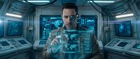 Young Caucasian male scientist working with holographic interface in futuristic laboratory control room with advanced technology displays and screens.