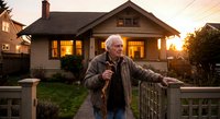 Senior Caucasian man standing on front porch of suburban home at sunset with warm glowing windows creating cozy residential evening atmosphere.