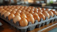 Fresh brown eggs arranged in plastic carton tray on wooden surface, showing natural farm produce in organized rows for food industry and retail display.