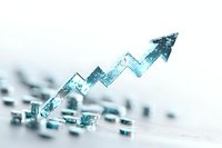 Glowing blue digital arrow chart trending upward against blurred financial data background, representing growth and positive market performance.