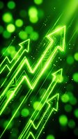 Neon glowing upward arrows with zigzag patterns on dark background with bokeh lights, representing growth, success, and financial progress for business and investment concepts.