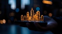 Glowing miniature cityscape silhouette with illuminated buildings held in palm against dark background with bokeh lights creates magical urban atmosphere.