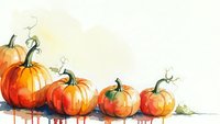 Watercolor autumn pumpkins in orange and yellow tones arranged in row with paint drips, seasonal harvest decoration for fall designs and thanksgiving projects.