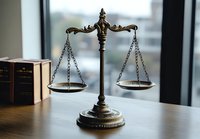 Bronze scales of justice on wooden desk in modern law office with legal books for attorney consultation and court proceedings.