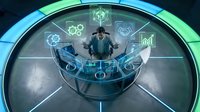 Businessman in futuristic control room with holographic interface displaying data analytics, charts and digital technology elements for business presentations.
