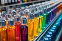 Colorful glass bottles filled with vibrant liquids arranged in rainbow order on store shelf, selective focus on red and orange bottles creates depth in retail display.