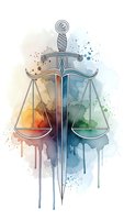 Sword of justice with scales in watercolor splashes representing law, balance and legal system for courtroom and attorney office decoration.