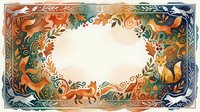 Decorative autumn frame with woodland animals, foxes, rabbits and ornate floral border in warm orange and teal colors for seasonal design projects.