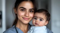 Young mother with dark hair holding adorable baby with big blue eyes, both smiling at camera. Close-up portrait showing genuine connection and tender family moment.