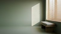 Minimalist interior with soft natural light streaming through venetian blinds onto sage green wall and wooden bench, creating calm, serene atmosphere for wellness and meditation concepts.