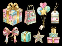 Watercolor gift clipart set with boxes, balloons, bow, star, bag, and tags in pastel pink and gold, isolated on transparent background, ready for cards and stickers.