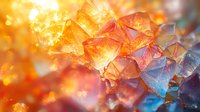Vibrant macro shot of crystal formations with orange and blue gradient colors, showing detailed geometric patterns and light refraction in mineral structure.
