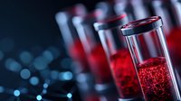 Red liquid in scientific test tubes against dark background with bokeh lights, laboratory research concept for medical studies and chemical experiments.