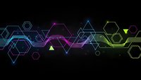 Abstract geometric hexagon pattern with neon colors on black background for modern digital design and technology presentations.