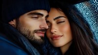 Romantic couple sharing intimate moment in rain at night, faces close together showing tender emotion. Young Hispanic woman and bearded man with closed eyes express love.