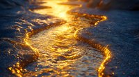 Golden sunlight reflects off winding stream of water on sandy beach, creating luminous ripples and glowing edges during sunset. Nature photography for backgrounds.