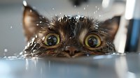 Curious cat with wide eyes peeping over edge of bathtub with water droplets splashing, creating humorous and playful moment during bath time. Close up view captures whiskers and expressive gaze.