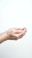 Elderly hands cupped together in receiving gesture on white background, showing aged skin texture and wrinkles for healthcare and senior care concepts.