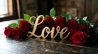 Gold Love sign surrounded by red roses on rustic wooden table, romantic Valentine's Day decoration for weddings and anniversaries.
